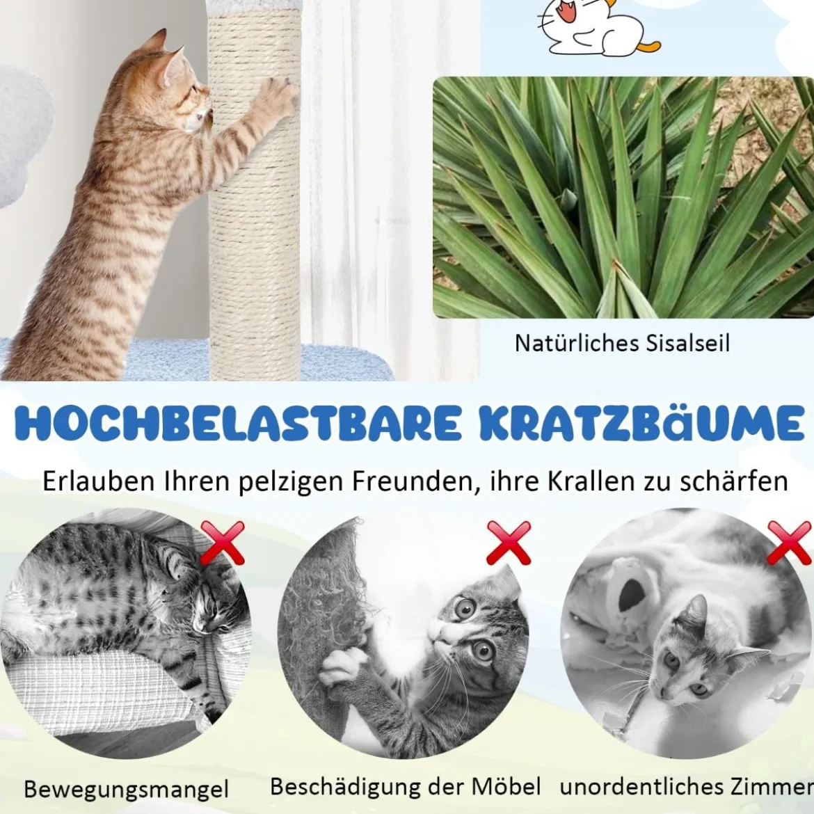 Kratzbaum im Meeresmotiv mit Sisalpfosten & Katzenhöhle & Sitzflächen & Hängematte Blau