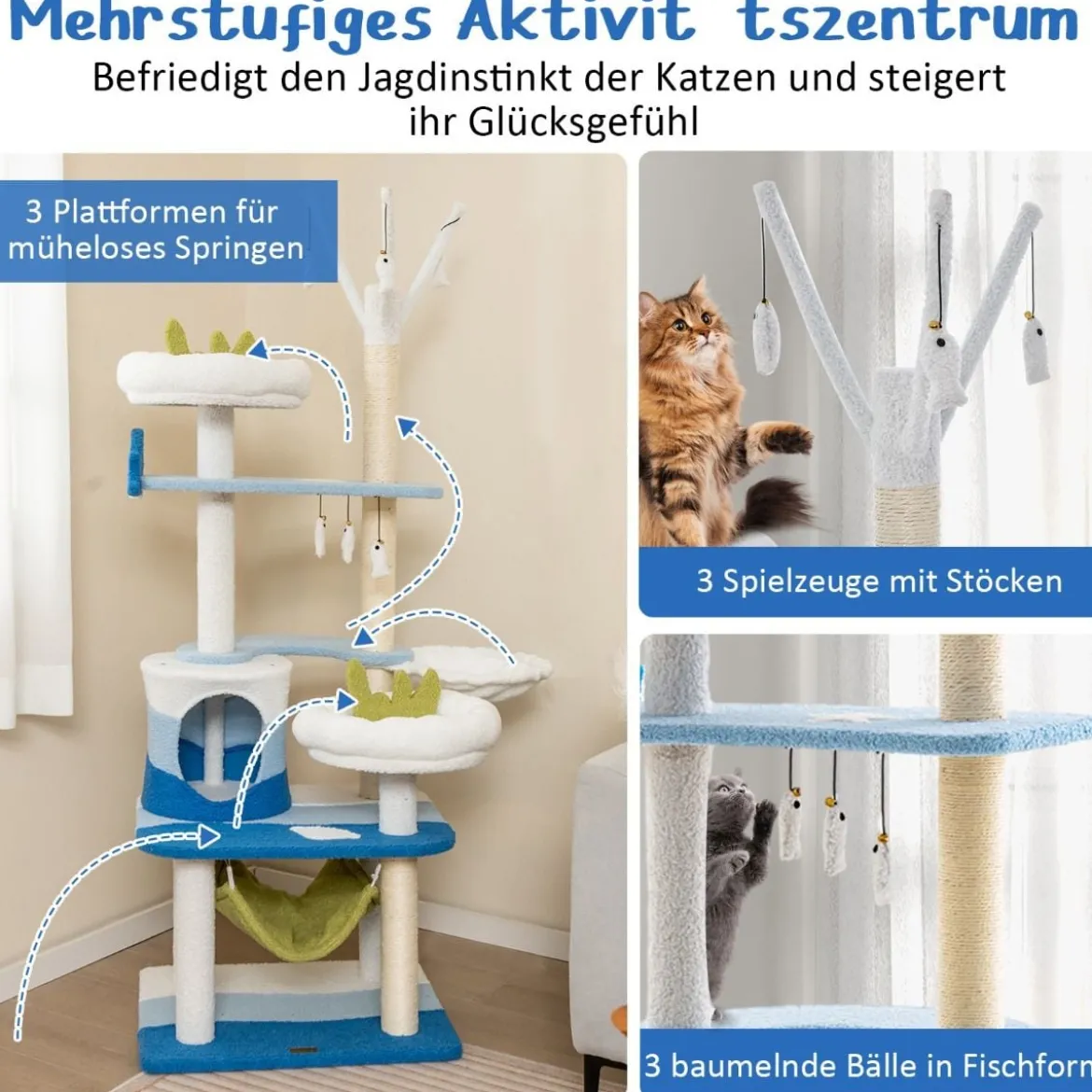 Kratzbaum im Meeresmotiv mit Sisalpfosten & Katzenhöhle & Sitzflächen & Hängematte Blau