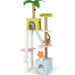 Kratzbaum im Strand-Design mit 2 Katzenhäusern & Aussichtsplattform Katzenturm Katzenbaum