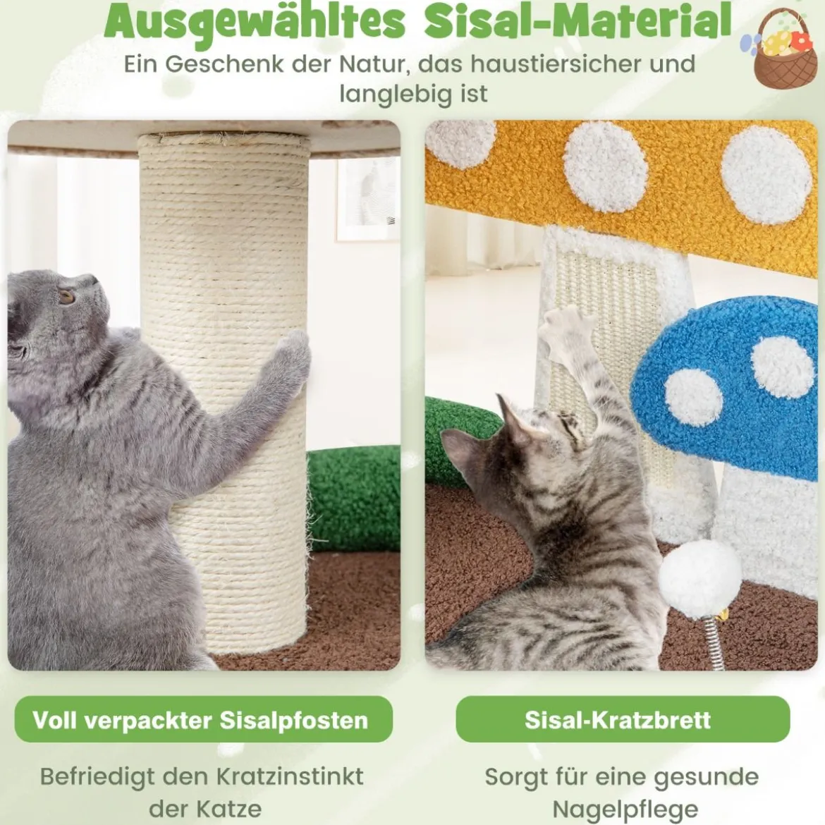 Kratzbaum in Pilzoptik Katzenbaum mit Katzenhöhle & Sisal-Kratzbrett & große Basis & Spielball 60 x 49 x 59 cm