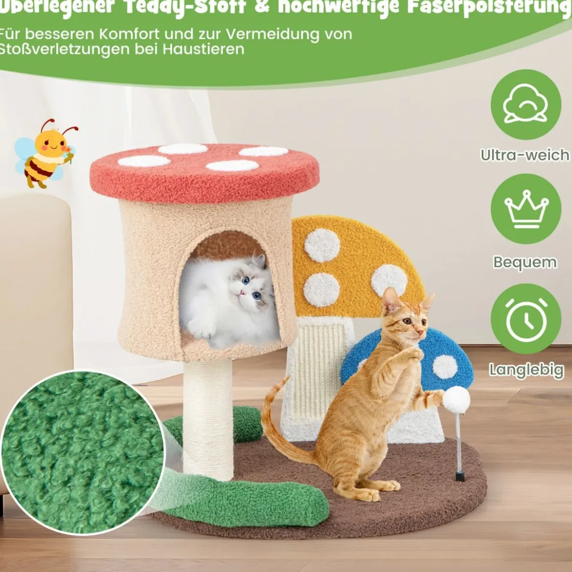 Kratzbaum in Pilzoptik Katzenbaum mit Katzenhöhle & Sisal-Kratzbrett & große Basis & Spielball 60 x 49 x 59 cm