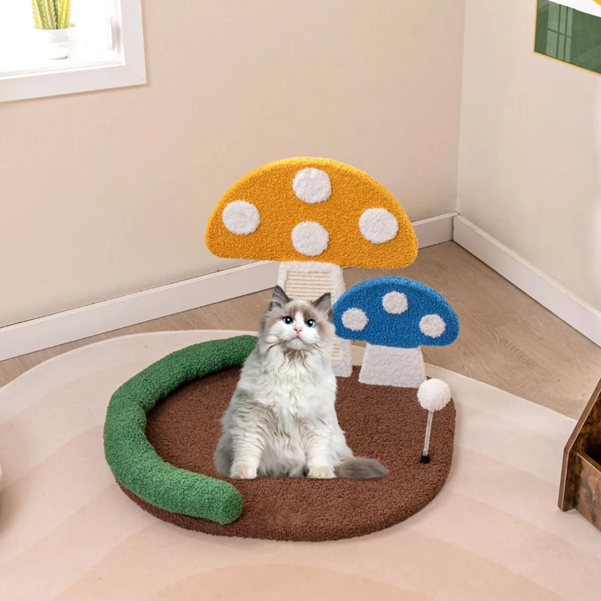 Kratzbaum in Pilzoptik mit Katzenbett & Sisal-Kratzbrett & Federball & Kopfstütze Katzenbaum