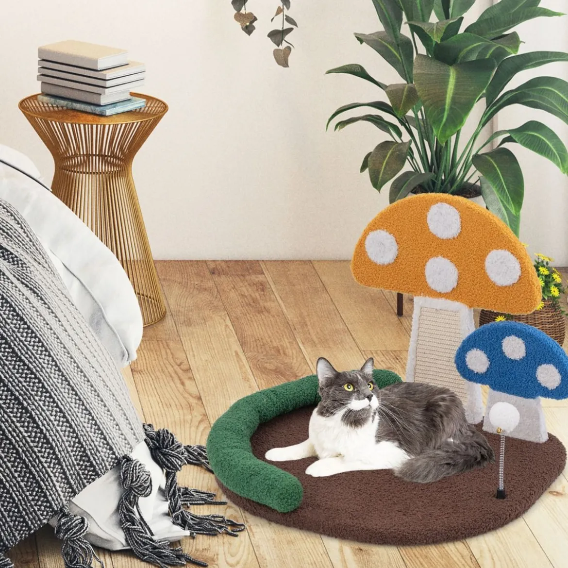 Kratzbaum in Pilzoptik mit Katzenbett & Sisal-Kratzbrett & Federball & Kopfstütze Katzenbaum