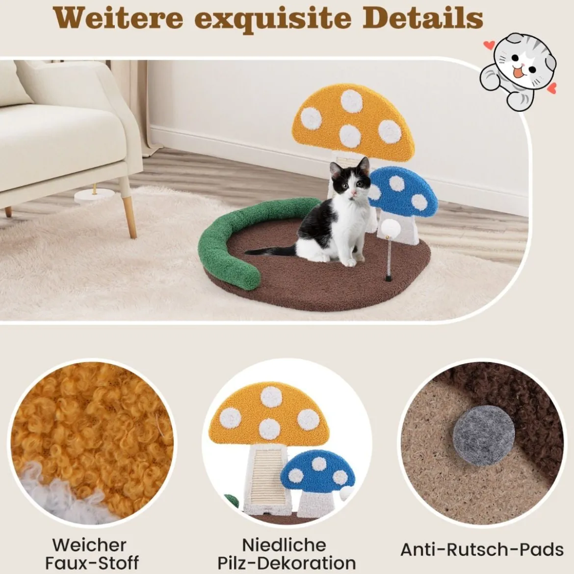 Kratzbaum in Pilzoptik mit Katzenbett & Sisal-Kratzbrett & Federball & Kopfstütze Katzenbaum