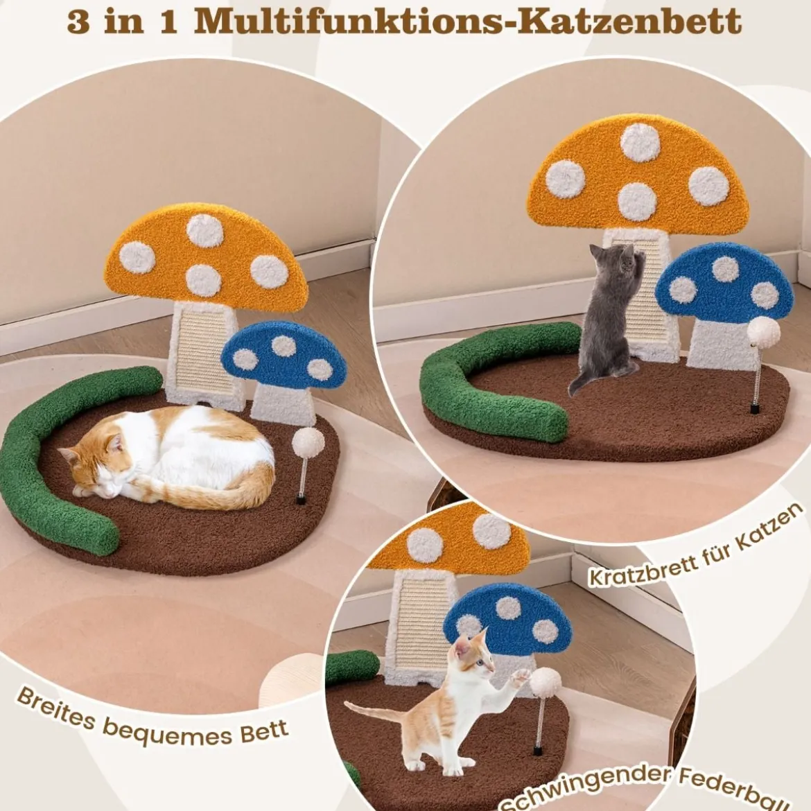 Kratzbaum in Pilzoptik mit Katzenbett & Sisal-Kratzbrett & Federball & Kopfstütze Katzenbaum