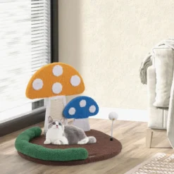 Kratzbaum in Pilzoptik mit Katzenbett & Sisal-Kratzbrett & Federball & Kopfstütze Katzenbaum