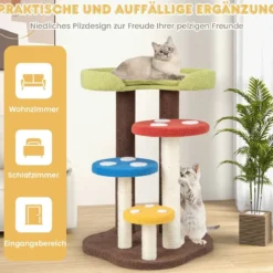 Kratzbaum in Pilzoptik 5-stöckiger Katzenbaum mit 3 Sisalpfosten Kletterbaum klein aus Teddystoff 60 x 65 x 94 cm Bunt