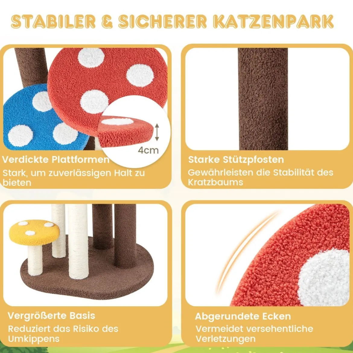 Kratzbaum in Pilzoptik 5-stöckiger Katzenbaum mit 3 Sisalpfosten Kletterbaum klein aus Teddystoff 60 x 65 x 94 cm Bunt
