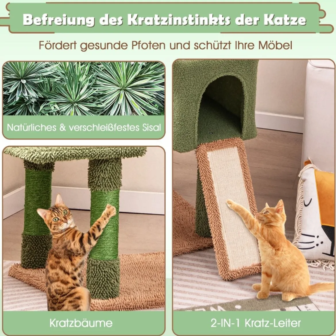 Kratzbaum Kaktus Katzenbaum mit Plattformen Spielzeug Sisalpfosten Grün+Braun (160cm hoch)