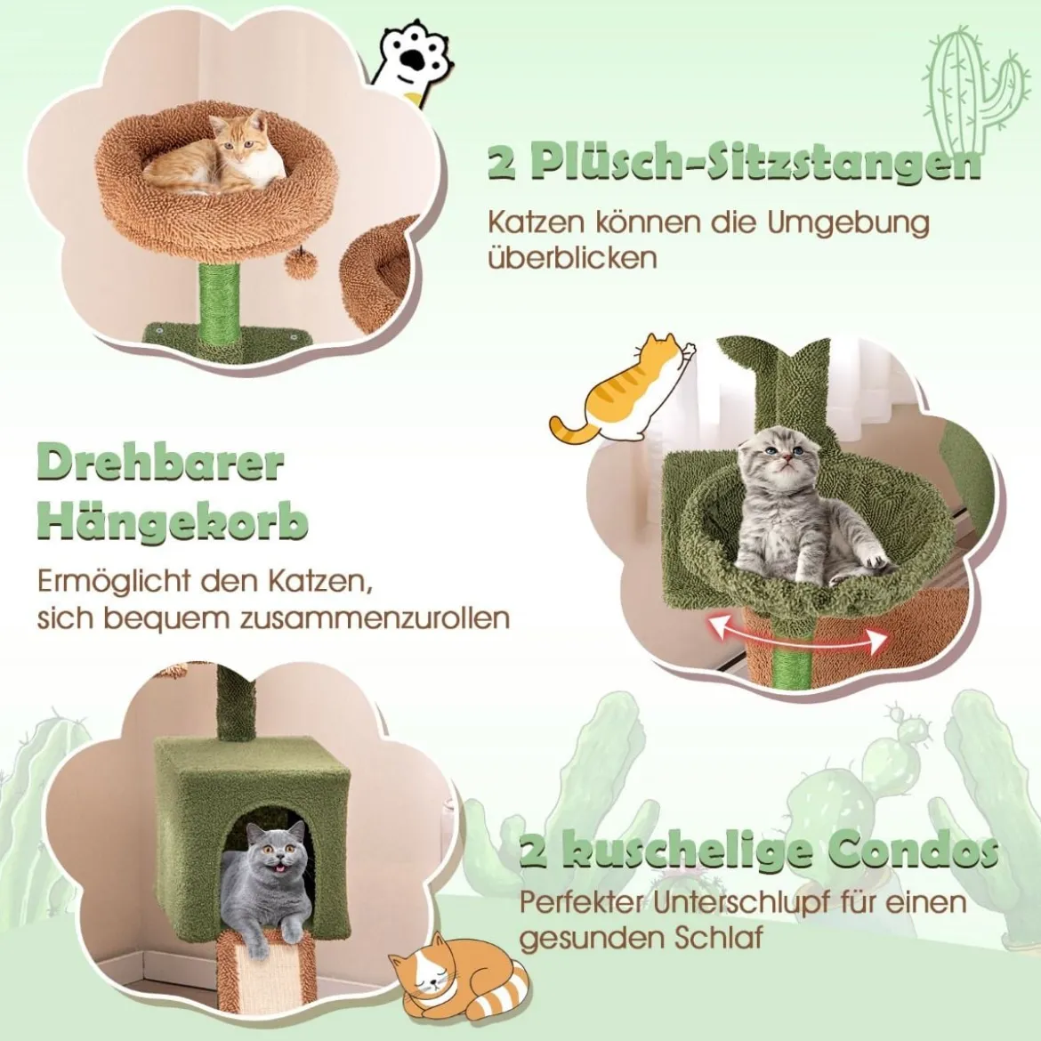 Kratzbaum Kaktus Katzenbaum mit Plattformen Spielzeug Sisalpfosten Grün+Braun (160cm hoch)