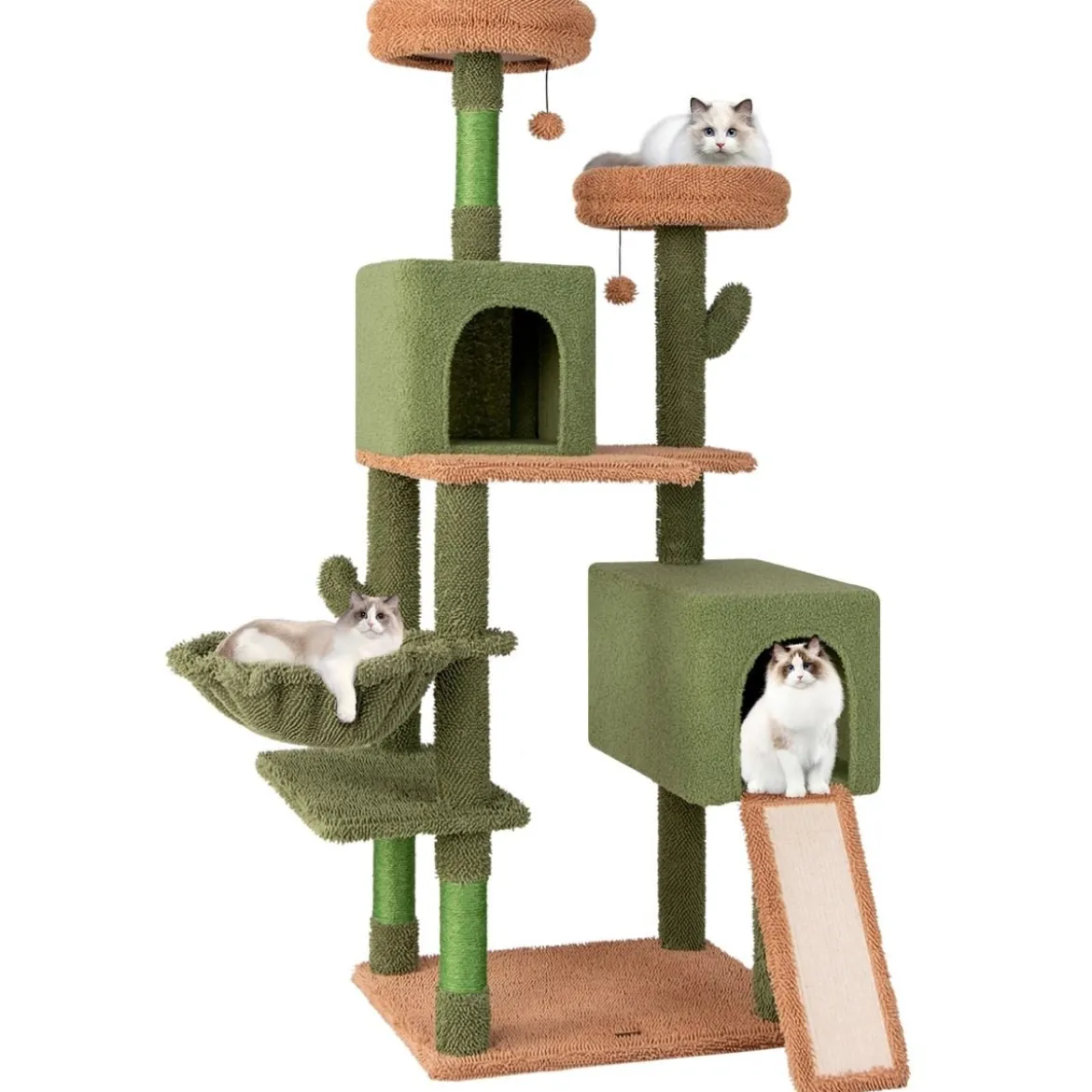 Kratzbaum Kaktus Katzenbaum mit Plattformen Spielzeug Sisalpfosten Grün+Braun (160cm hoch)