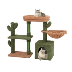 Kratzbaum Kaktus Katzenbaum mit Plattformen Hängematte Katzenhöhle Grün+Braun (81cm hoch)