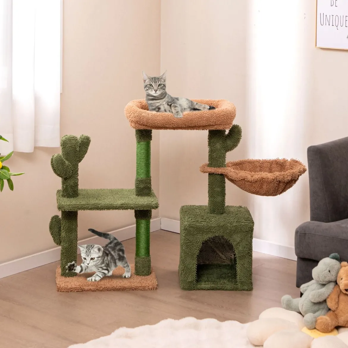 Kratzbaum Kaktus Katzenbaum mit Plattformen Hängematte Katzenhöhle Grün+Braun (81cm hoch)
