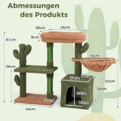 Kratzbaum Kaktus Katzenbaum mit Plattformen Hängematte Katzenhöhle Grün+Braun (81cm hoch)