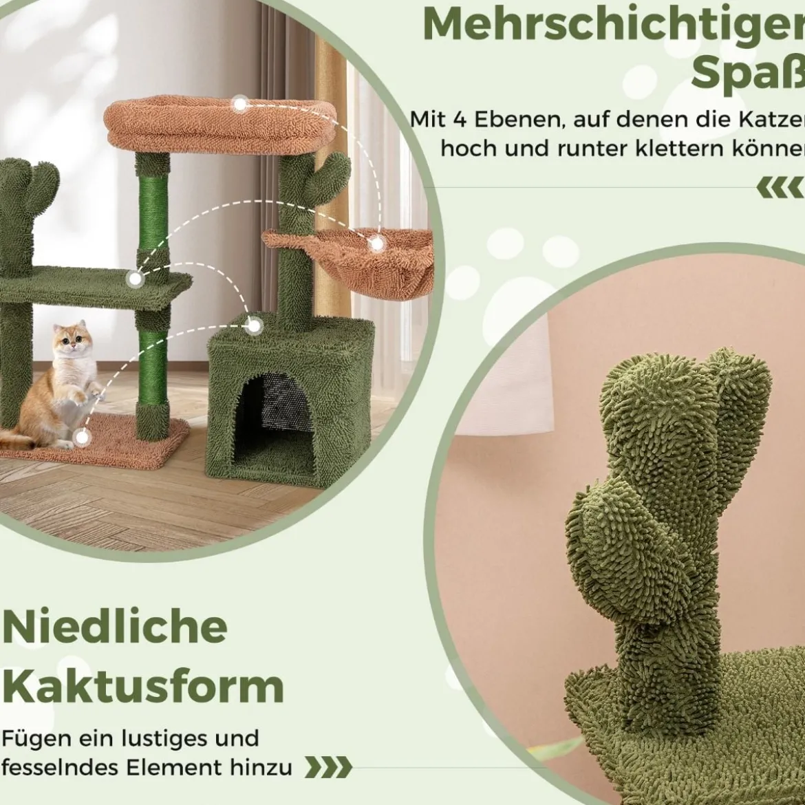 Kratzbaum Kaktus Katzenbaum mit Plattformen Hängematte Katzenhöhle Grün+Braun (81cm hoch)