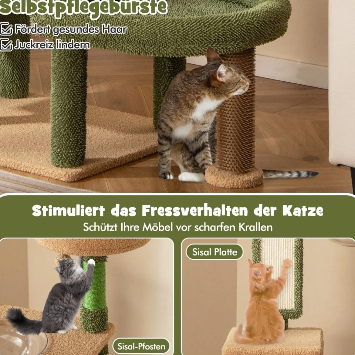 Kratzbaum Kaktus Katzenbaum mit Plattformen Bürste Spielzeug Sisalseil Grün + Braun