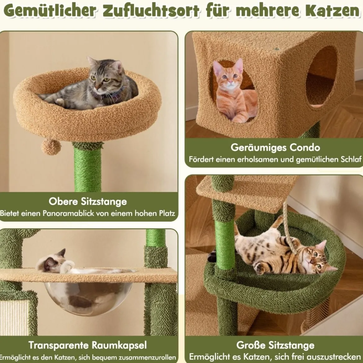Kratzbaum Kaktus Katzenbaum mit Plattformen Bürste Spielzeug Sisalseil Grün + Braun