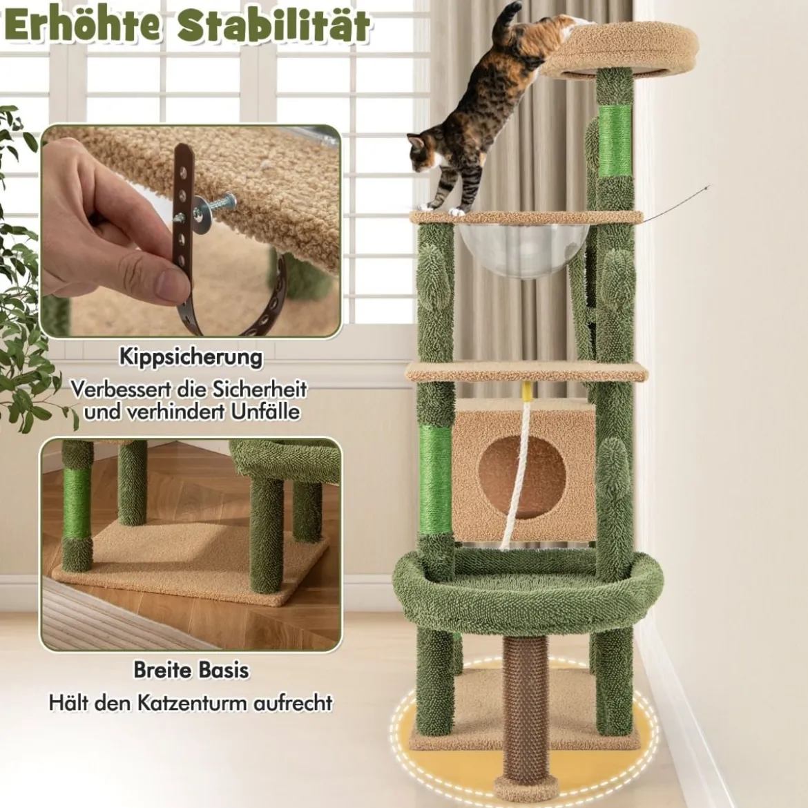 Kratzbaum Kaktus Katzenbaum mit Plattformen Bürste Spielzeug Sisalseil Grün + Braun