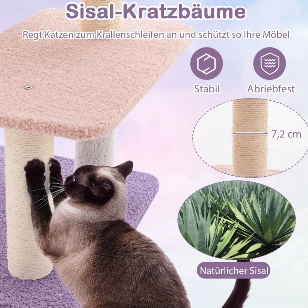 Kratzbaum Katzenbaum mit Katzenhöhle & Hängematte & Spielzeug Lila+Rosa 59 x 49 x 140 cm