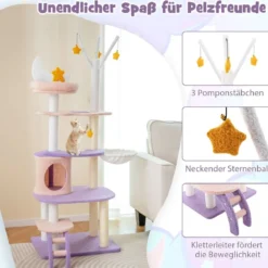 Kratzbaum Katzenbaum mit Katzenhöhle & Leiter & Hängematte & Spielzeug 59 x 49 x 158cm Lila+Rosa