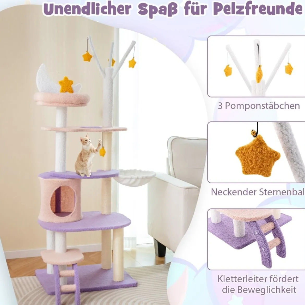 Kratzbaum Katzenbaum mit Katzenhöhle & Leiter & Hängematte & Spielzeug 59 x 49 x 158cm Lila+Rosa