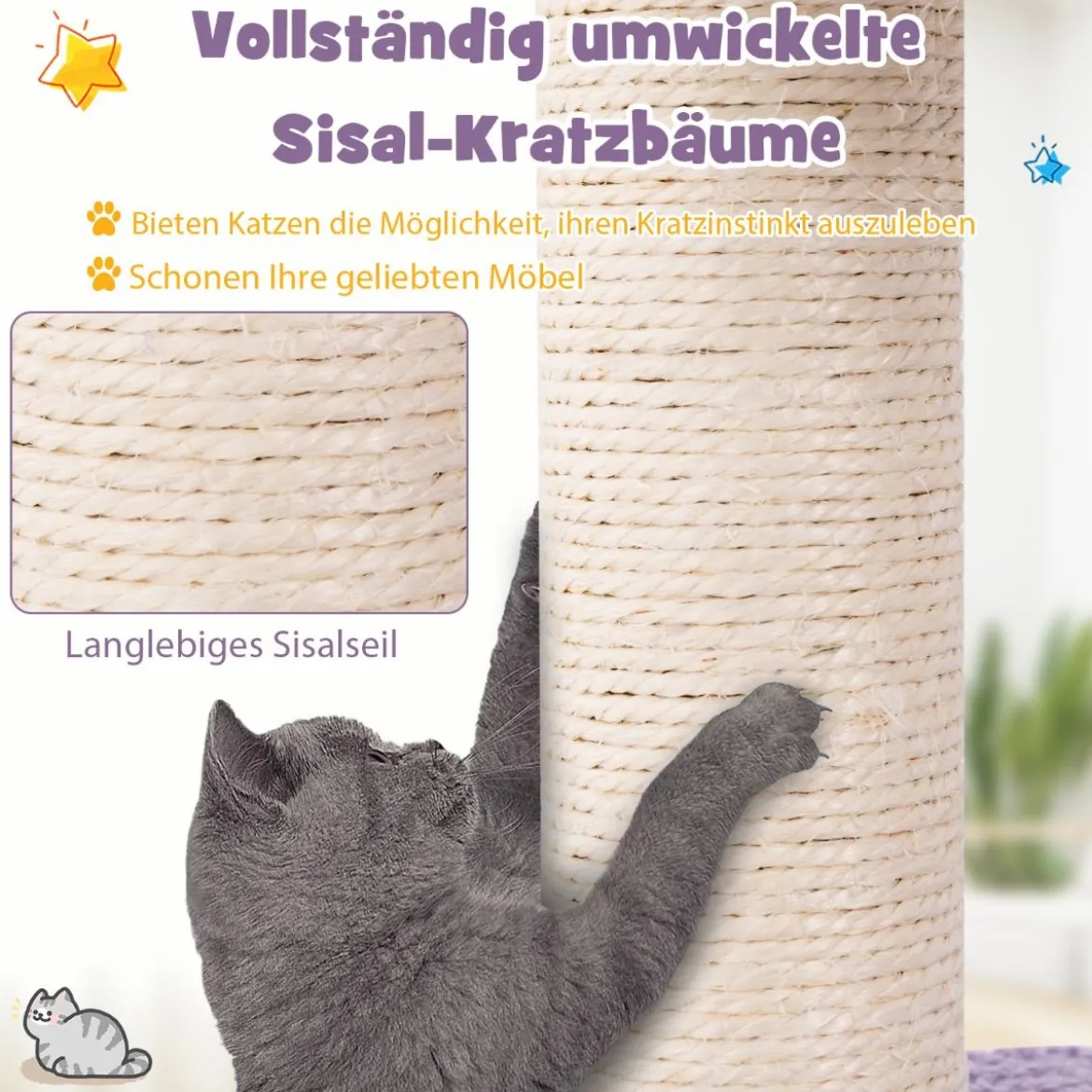 Kratzbaum Katzenbaum mit Katzenhöhle & Leiter & Hängematte & Spielzeug 59 x 49 x 158cm Lila+Rosa