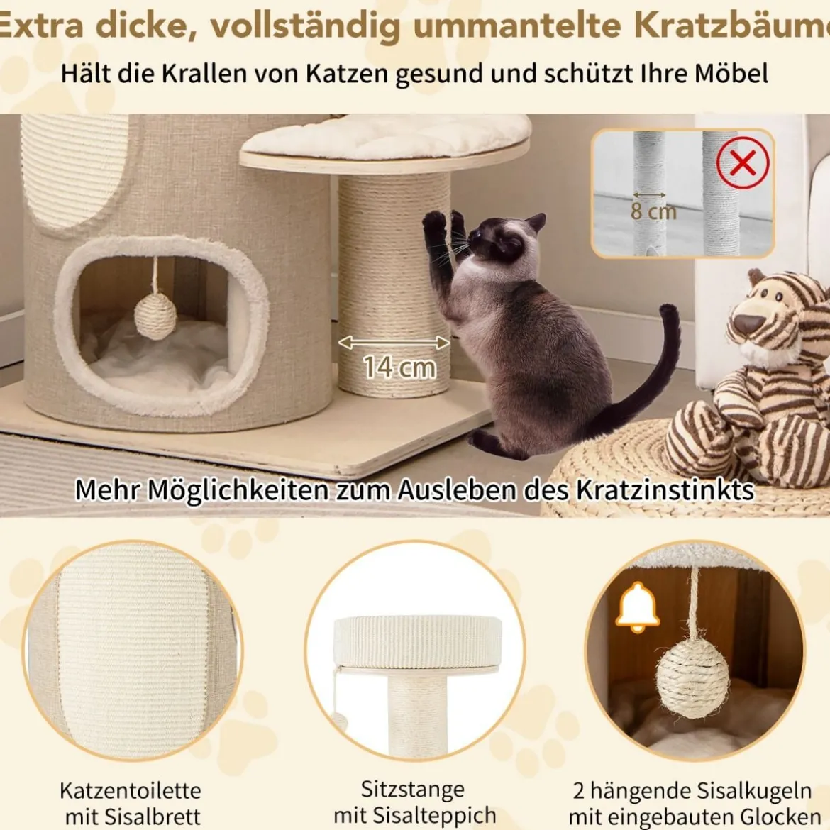 Kratzbaum Katzenbaum mit 2-stöckiger Kratztonne und Hängematte Katzenkratzbaum 58 x 48 x 154 cm Natur