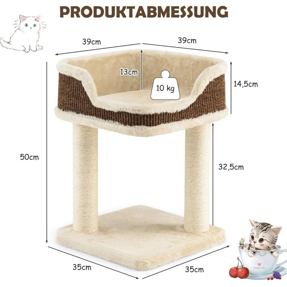 Kratzbaum Katzenbaum-Spielzentrum mit Plüsch Ausgelegter Natursisalturm Beige