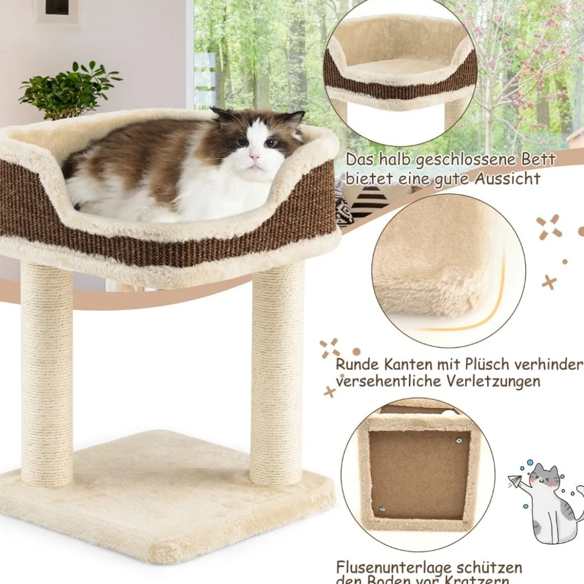 Kratzbaum Katzenbaum-Spielzentrum mit Plüsch Ausgelegter Natursisalturm Beige