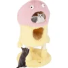 Kratzbaum Klein 93cm hoch Monster-Thema Katzenbaum mit 2 Katzenhöhlen Rosa+Gelb