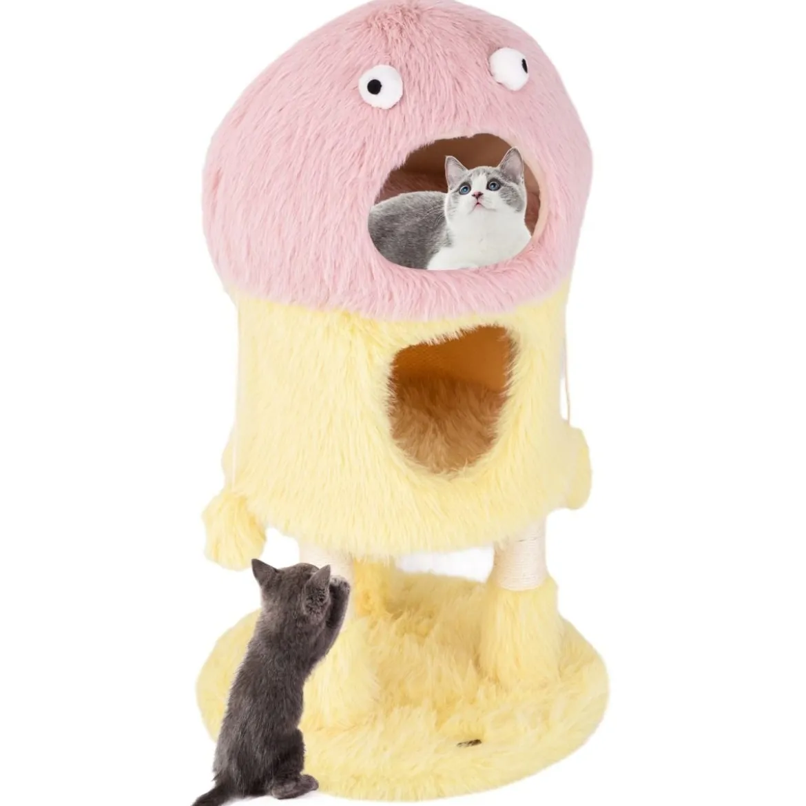 Kratzbaum Klein 93cm hoch Monster-Thema Katzenbaum mit 2 Katzenhöhlen Rosa+Gelb