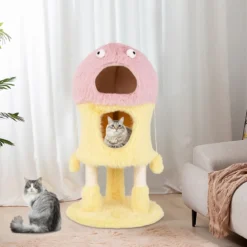 Kratzbaum Klein 93cm hoch Monster-Thema Katzenbaum mit 2 Katzenhöhlen Rosa+Gelb