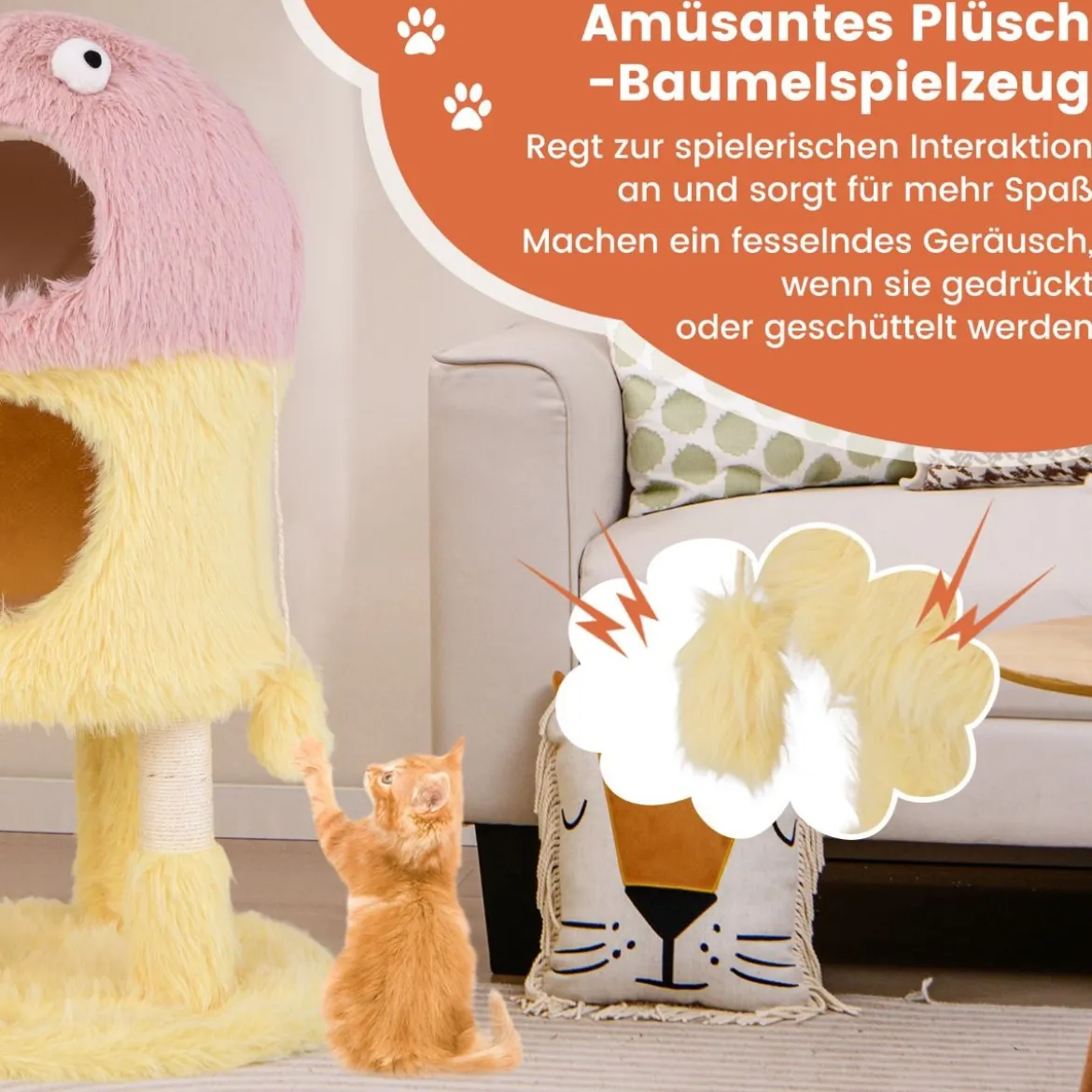 Kratzbaum Klein 93cm hoch Monster-Thema Katzenbaum mit 2 Katzenhöhlen Rosa+Gelb
