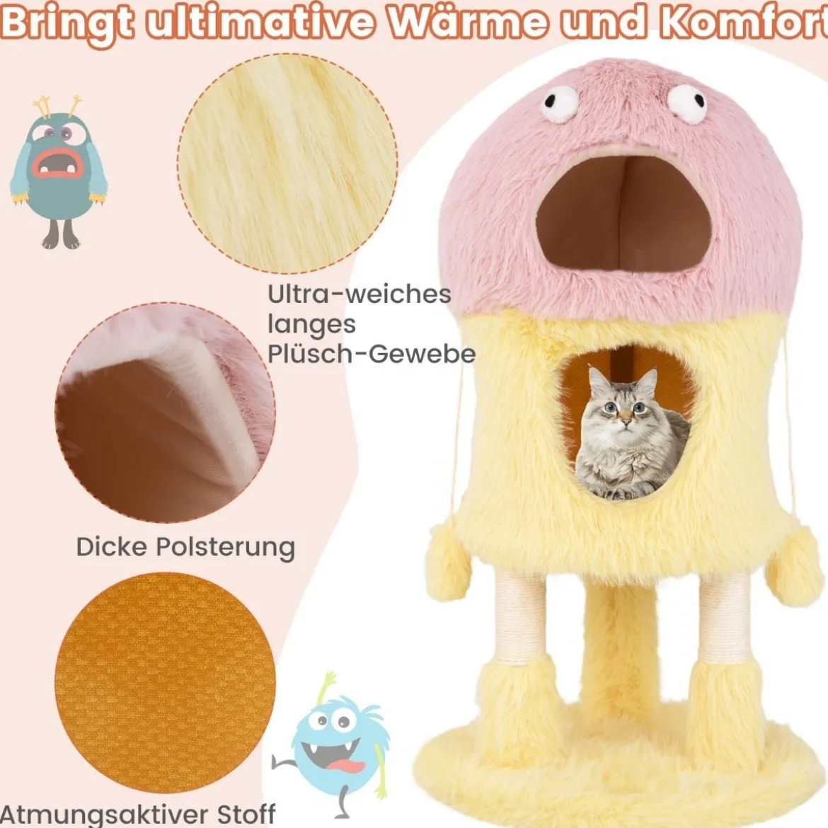 Kratzbaum Klein 93cm hoch Monster-Thema Katzenbaum mit 2 Katzenhöhlen Rosa+Gelb