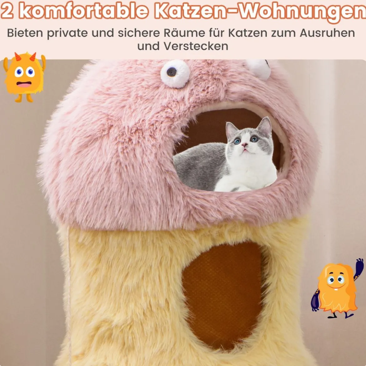 Kratzbaum Klein 93cm hoch Monster-Thema Katzenbaum mit 2 Katzenhöhlen Rosa+Gelb
