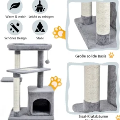 Kratzbaum Klein 85cm Katzenbaum mit Katzenhöhle & weicher Sitzfläche Beige/Grau