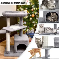 Kratzbaum Klein 85cm Katzenbaum mit Katzenhöhle & weicher Sitzfläche Beige/Grau