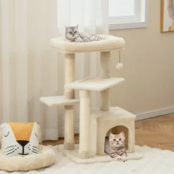 Kratzbaum Klein 85cm Katzenbaum mit Katzenhöhle & weicher Sitzfläche Beige/Grau