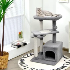 Kratzbaum Klein 85cm Katzenbaum mit Katzenhöhle & weicher Sitzfläche Beige/Grau
