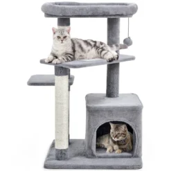 Kratzbaum Klein 85cm Katzenbaum mit Katzenhöhle & weicher Sitzfläche Beige/Grau