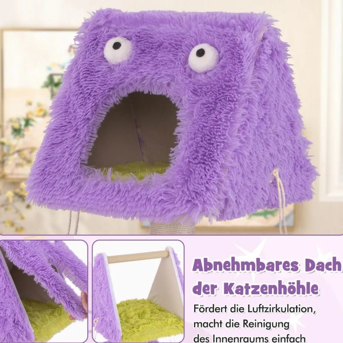 Kratzbaum Klein 111cm Monster-Thema Katzenbaum mit 2 Katzenhöhlen & abnehmbarem Oberteil Lila