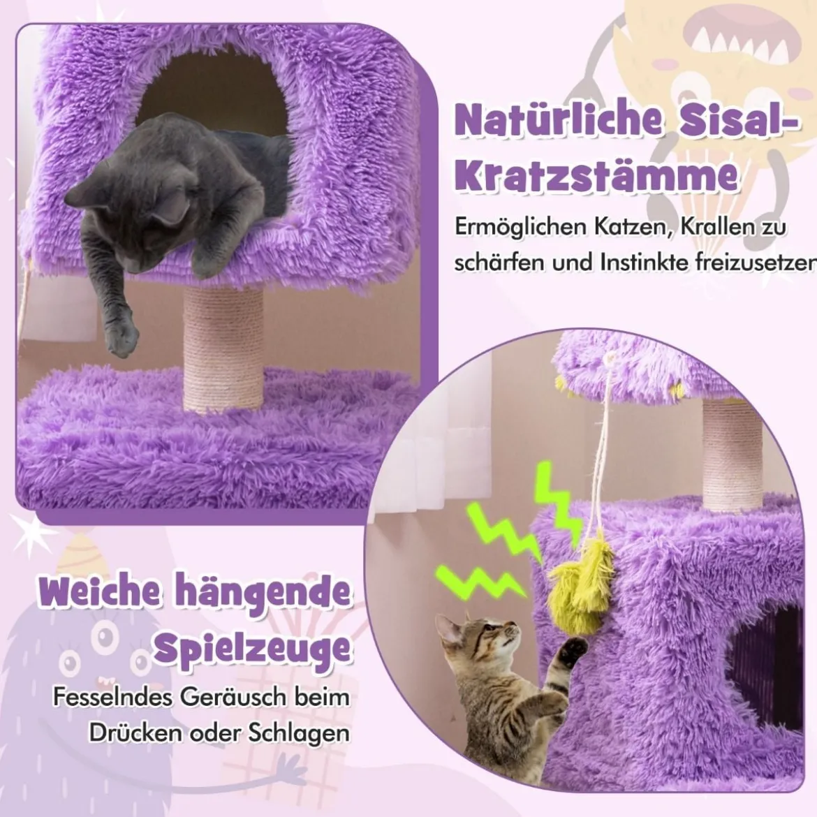 Kratzbaum Klein 111cm Monster-Thema Katzenbaum mit 2 Katzenhöhlen & abnehmbarem Oberteil Lila