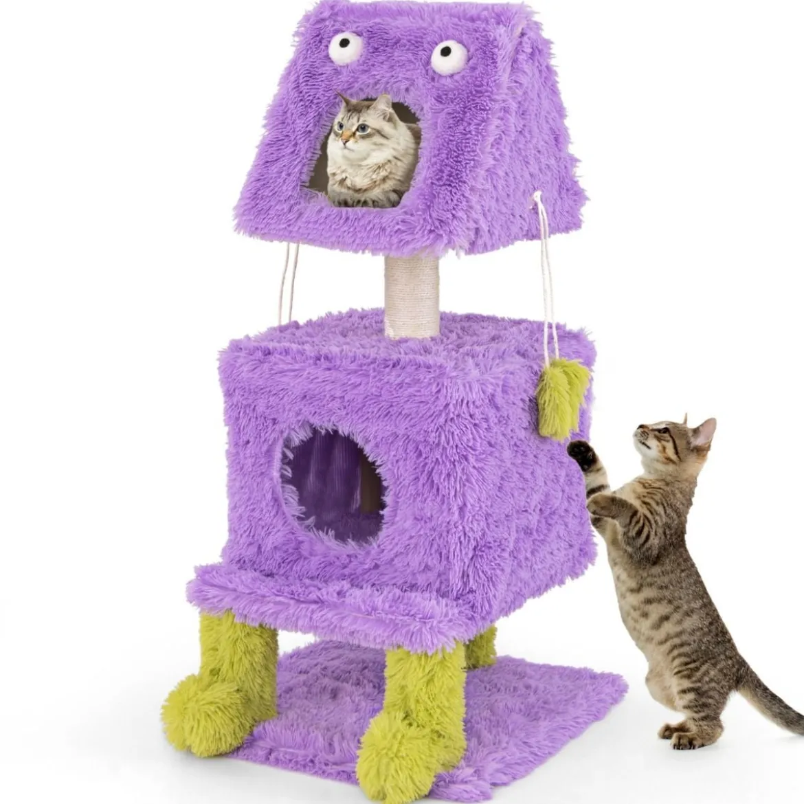Kratzbaum Klein 111cm Monster-Thema Katzenbaum mit 2 Katzenhöhlen & abnehmbarem Oberteil Lila