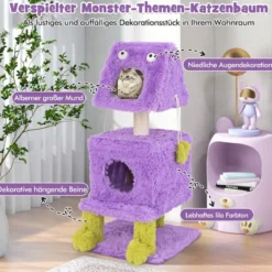 Kratzbaum Klein 111cm Monster-Thema Katzenbaum mit 2 Katzenhöhlen & abnehmbarem Oberteil Lila