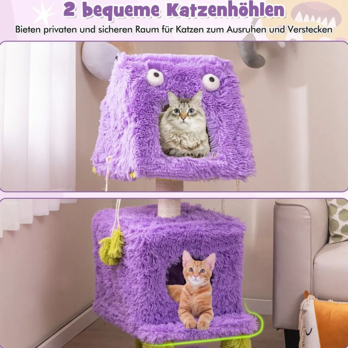 Kratzbaum Klein 111cm Monster-Thema Katzenbaum mit 2 Katzenhöhlen & abnehmbarem Oberteil Lila