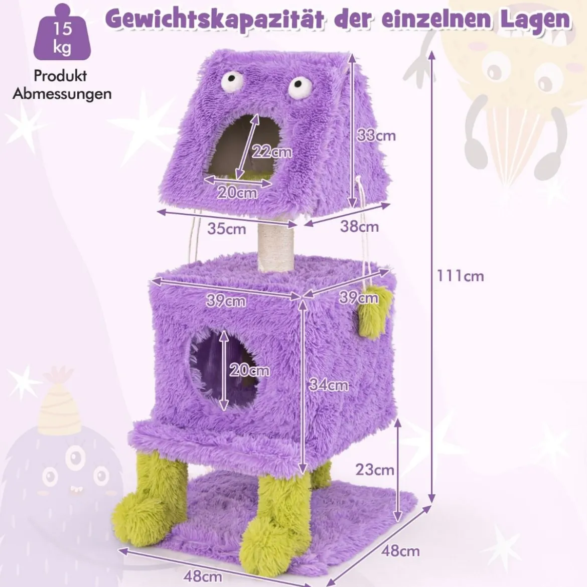 Kratzbaum Klein 111cm Monster-Thema Katzenbaum mit 2 Katzenhöhlen & abnehmbarem Oberteil Lila