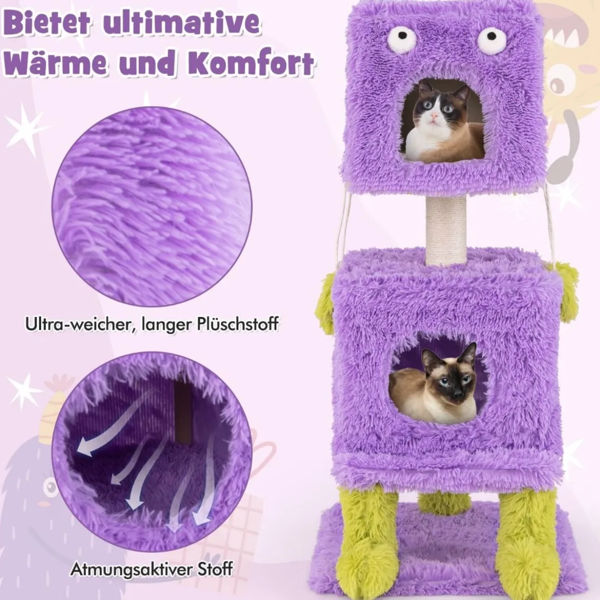 Kratzbaum Klein 111cm Monster-Thema Katzenbaum mit 2 Katzenhöhlen & abnehmbarem Oberteil Lila