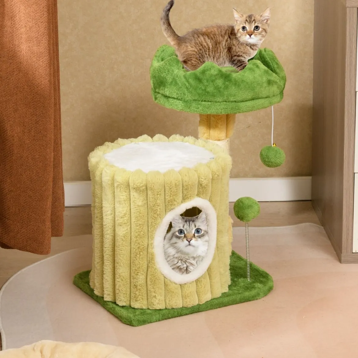 Kratzbaum Klein Katzenbaum mit Plattform Sisal-Kratzsäule Katzenhöhle & 2 Bällen Grün
