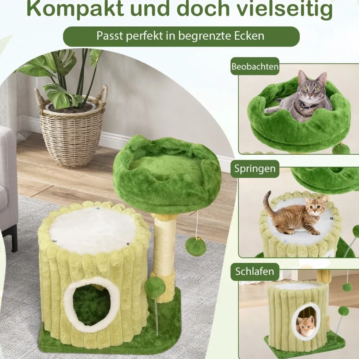 Kratzbaum Klein Katzenbaum mit Plattform Sisal-Kratzsäule Katzenhöhle & 2 Bällen Grün