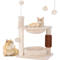 Kratzbaum Klein Katzenbaum mit Hängematte & Bett & Sisalstämmen & Katzenbürste Beige 40 x 30 x 72 cm
